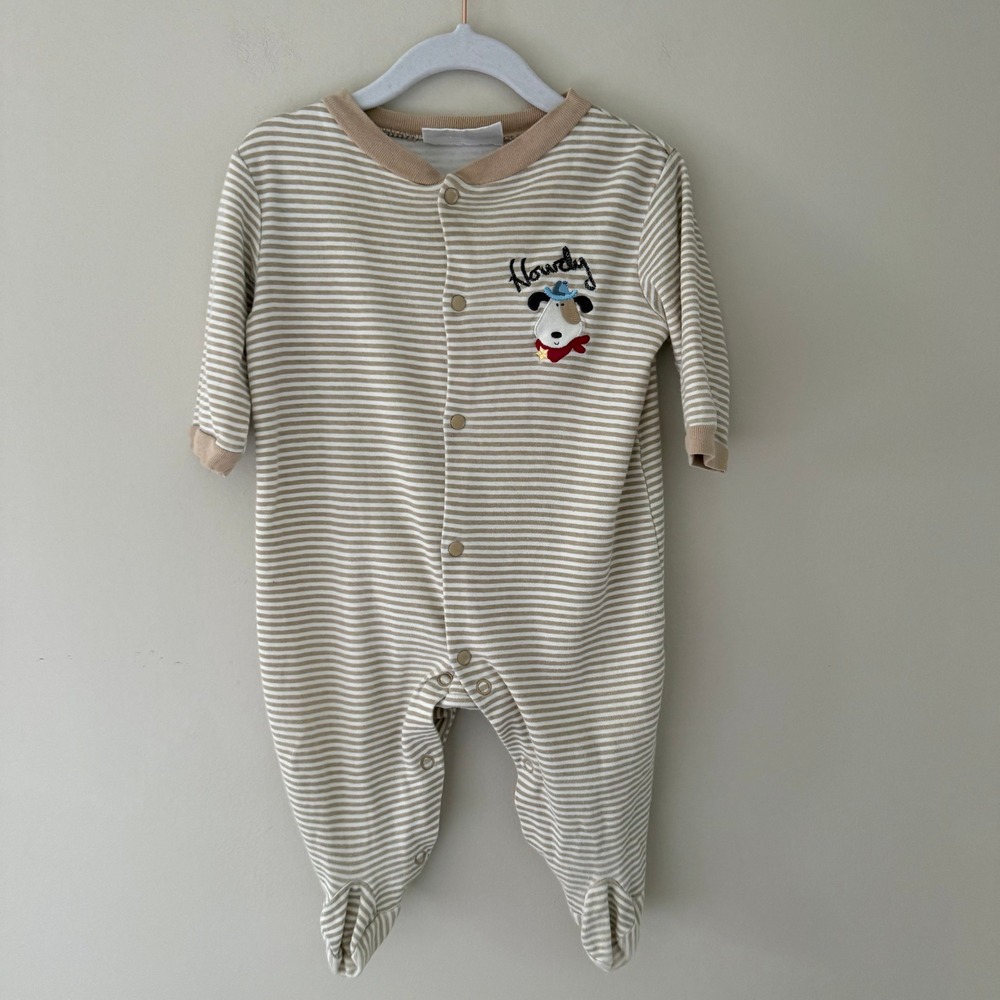 Specialty Baby Howdy Dog Striped Footie Sleeper Tan White 6-9 Months Cotton